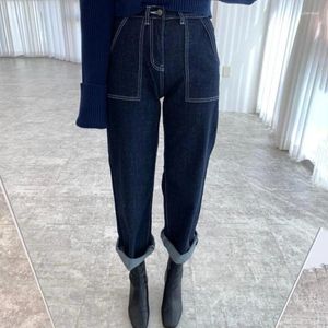 Jeans feminino wdmsna primavera simples linha aberta feminino alta cintura bolsa de boca dupla um botão coreano chic wide perna design mulher