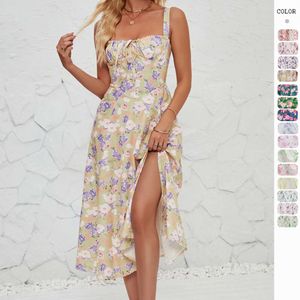 ホットセラー夏の気質のノースリーブフレンチドレスサイドスリット印刷された太陽の女性のドレス付き