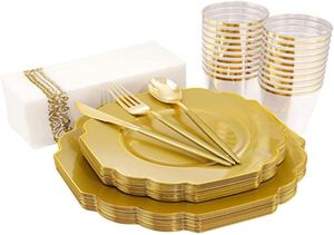 Disposable Dinnerware 50 Pieces Of Tableware Plastic Plates And Golden Silverware Wedding Birthday Party Decorations8553583