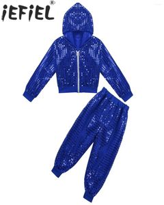 Bekleidungssets Unisex Kinder Hip-Hop Jazz Street Tanz Performance Kostüm Langarm Paillette Kapuze mit Hosenschule Party Show Outfit