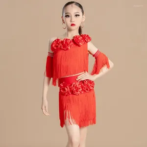 Stage Wear 2024 Latin Dance Performance costumi per ragazze nappe rosse Tops Slip Gonfies Abito Chacha Rumba Tango Dress DN17973