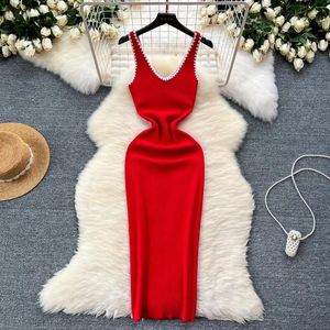 Casual klänningar minimalistisk klänning kvinnor v hals färgblock ärmlös lång koreansk stil sommar vestidos de mujer stickkläder droppe