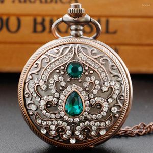 Pocket Watches Fashion Retro Women's Red Antique Green Multi-Drill Exquisite Necklace Pendant Quartz FOB Watch GIRL GIFT