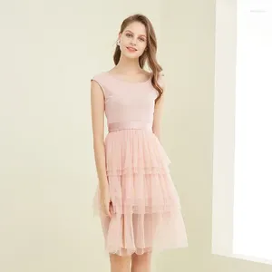 Vestidos casuais mulheres elegantes malha rosa Voile fino mangas a linha de casamento de festa de festas de casamento vestido