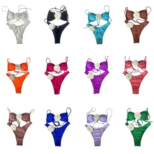 Mulheres femininas Mulheres Mulheres 3D Flor Swimsuit Solid Color Duas peças Dividir maiôs de banho Sexy Push Up High Cut Bikinis