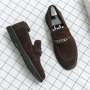 Casual Shoes 2024 Summer Luxury Men Business Slip-on Suede Leather Loafers Chain Decorationg Daily Party Black