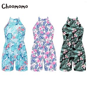 Frauen Badebekleidung Choomomo Kinder Mädchen ärmellose O-Neck 1pcs Schwimmende Overalls Blumendruck Schlanker Taille Unsichtbare Reißverschlüsse mit Hosen zurück