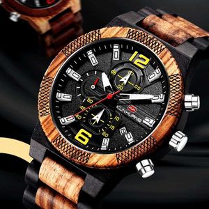 Armbandsur mens trä es lyxig lysande multifunktion trärmen kvarts retro män mode sport timepieces relogio d240430