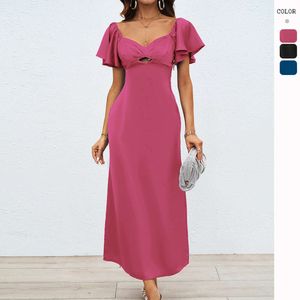 Hot Selling Summer New Women's Clothing Temperament Solid Color Peach Heart Collar Temperament Kortärmad Slim Fit Long Women's Dress