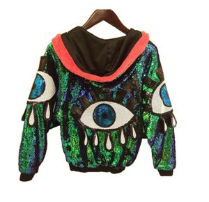 Kvinnor Green Sequin Jacket Coat Bling Shiny Hooded Hoodies Big Mouth Design Street Hip Hop Jazz Stage Cosplay Outwear Autumn 20182306618