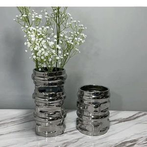Wazony Kreatywny okrągły srebrny ceramiczny wazon kwiaty garnki Dekoracja biurka