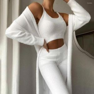 Zweiteilige Hosen von Frauen 3pcs/Set Frauen Strickjacke Camisole Set Scoop Neck Crop Top Langarm Open Front Coat Outfit für tägliche Verschleiß