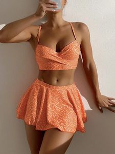 Menas de banho feminina Sexy High Salia Biquíni 2024 Mulheres Orange Dot Print Bandagem Cruz Two Piece Swimsuit Summer Summer Tise Biquini