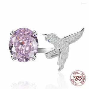 Cluster Rings Mirco Paving Zircon Flying Bird Design 12x14mm Oval Shape Pink High Carbon Diamond 925 Sterling Silver Open Ring