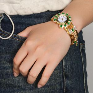 Bangle Boho Green Flower Rhinestone Armband Watch Wedding Hand Decoration 2024 Valentine Day Bling Crystal Cuff Dress for Women