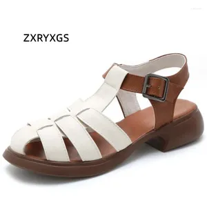 Sandals ZXRYXGS 2024 Summer Woven Hollow Genuine Leather Roman Women's Sandal Shoes Thick Low Heel Shoe Large Size
