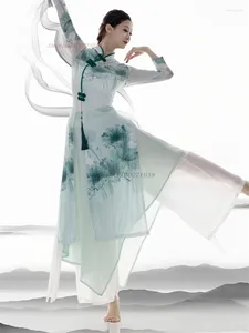 Scen Wear 2024 Kinesisk vintage Dance Dress National Flower Print Mesh Qipao Pants Set Oriental Performance Practice