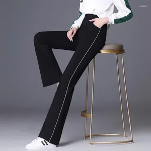 Frauenhose Frühlingsgrallboden hohe Taille schlanke Stretchy Leggings lässig lose elastische silberne Seiten Kante Flare Hosen