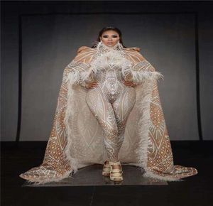 Decorazione per feste T55 Ballroom Dance Stage Costume Feather Cloak Female Singer Esegui outfit 3D Stretch Stretch Leotard Jumpuit 3916167