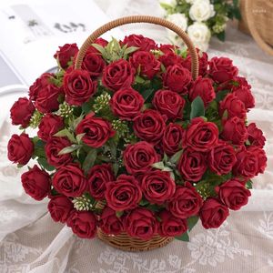 Decorative Flowers 10 Heads Red Rose Bouquet Artificial Western Roses Wedding Decoration Silk Peonies Fake