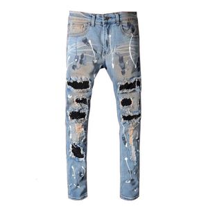 Blue High Street Holes Transparenta Crystals Patchwork Stretch Slim Fit Rhinestones Patches Ejressed Ripped Graffiti Jeans Men 240422