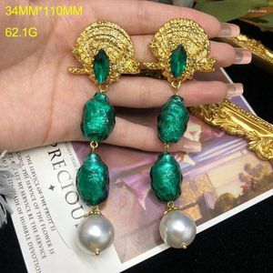 Stud Earrings European And American Jewelry Retro Emerald Pearl Pendant High Design Long Sweep Shoulder Clip Women