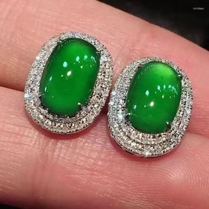 Stud Küpeler Klasik Tasarım Doğal Yeşil Kalsedon Oval Küpeler Kristal Parlayan Kadınlar Işık Lüks Gümüş Moda Takı