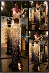 Gorgeous Bling Two Piece Prom Dresses Sexy High Split 2019 Mermaid Rhinestone Prom Gowns Sparkly Luxury Formal Evening Dresses8116012