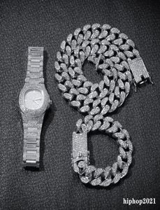 3pcsset mens Hip hop iced out bling Chains Diamond Necklace Bracelets Watch cuban Link Chains Fashion Hiphop Jewelry Sets5481429