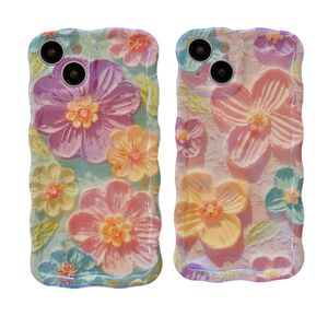 カラフルな油絵の印刷された花の光沢のあるTPU巻き波波エッジ保護電話ケースiPhone 15 Pro Max 14 13 12、かわいいカバー