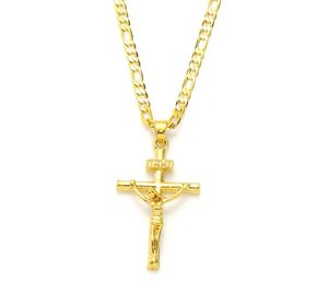 9k gelb massives Gold GF Italienisch inri Jesus Kruzifix Anhänger Figaro Linkkette Halskette 60 cm 3 mm Damen Männer6121233