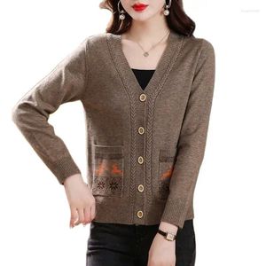 Kvinnors stickor Spring Autumn Short Cardigan Sweater Jacka Kvinnor 2024 Löst V-ringning Knitkläder Fashion Fick Pocket Single-Breasted Top Female