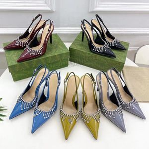 Patent läder slingback pekade tå klänningsskor sandaler Tassel Rhinestones 105mm stiletthäl pumpar kvinnors lyxdesignerfest kvällskor 35-43 med låda