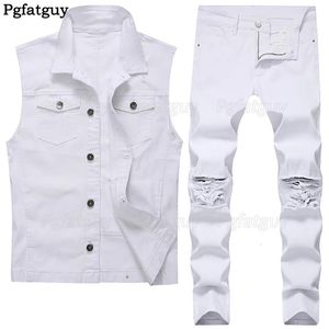 Ripped Hole Mens White Jeans Sets Slim Denim Vest and Jean 2pcs Sets Summer Autumn Mens Frayed Waistcoat Skinny Pants 240428