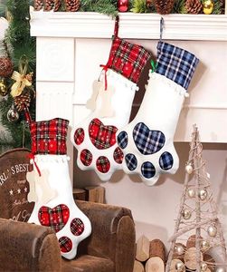 PAW JUL STOCKINGS Presentväska Dog Bone Paws Form Plaid Hanging Stocks Xmas Pendant Decoration Gifts Candybag Wll10198672632