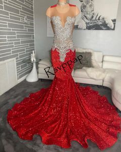 Party Dresses Sparkly Sequined Lace Black Girl Birthday Gowns Luxury Beads Rhinestone Sheer Top Red Mermaid Long Prom 2024