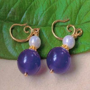 Dangle Earrings Fashion Purple Round Chalcedony White Pearl Bead Gold Casual Stud Office Modern Custom Beaded Chandelier Clip-on