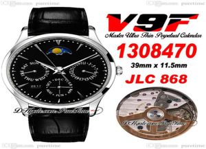 V9F Master Ultra Thin Perpetual Calendar A868 Automatisk herrar Titta på Q1308470 Stålfodral Black Dial Moon Fas Läderband Watches7802265