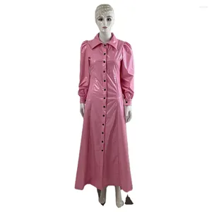 Casual Dresses Autumn Fashion Office Ladies Glossy Pvc Leather Long Sleeve Maxi Dress Womens Vinyl Button Up Shirt Streetwear