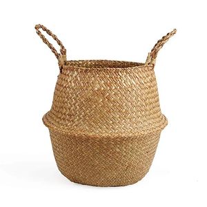 ストレージバスケットStraw Wicker Rattan Hange Flowerpot Seagrass Folding Laundry Clthoes Baskets Garden Plant Basket Home Decor 240430