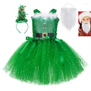 Girl Dresses Christmas Sparkly Elf Costume For Baby TUTU Dress Xmas Santa Kid Bow Sling Tunic Headband Beard 3PC Set Child Frock