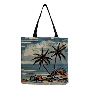 Bag Blue Large Capacity Shoulder Coconut Tree Printed Foldable Handbag Women Travel Shopping Eco Reusable Custom Pattern