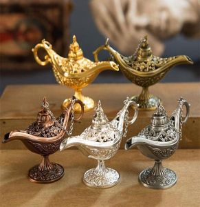 Excellent Fairy Tale Aladdin Magic Lamp Incense Burner Vintage Retro Tea Pot Genie Lamp Aroma Stone Home Ornament Metal Craft9998065