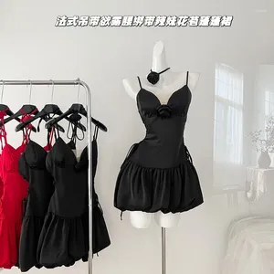 Casual Dresses French Style Solid Color Rose Suspender Dress Summer Sexy Ruched Halter Fashion Temperament Party Vestidos