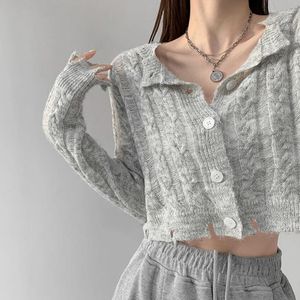 Malhas femininas 2024 mulheres cardigã torce a cor sólida malha de malha e suéter solto suéter solto de capa alta de manga longa de manga longa fêmea feminina