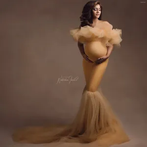 Party Dresses Gold Mermaid Maternity Dress For Poshoot Off The Shoulder Women Prom Bathrobe Evening Gown Ruffles Pregnancy Babyshower