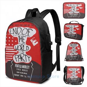 Rucksack lustiger Grafikdruck Mr Robot Ende der Weltparty Tee USB -Ladung Männer Schultaschen Frauen Taschen Reise Laptop