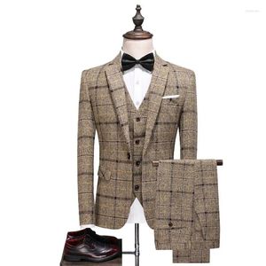 Men's Suits Suit Set Three Piece Korean Version Slim Fit British Casual Fashion Groom's Wedding Plaid Small