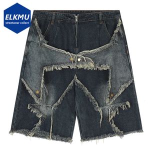 Retro Fringe celebrytka dżinsowe patchwork luźne dżinsowe szorty męskie ubrania uliczne Hip-hop HARAJUKU Y2K Summer Shorts 240426