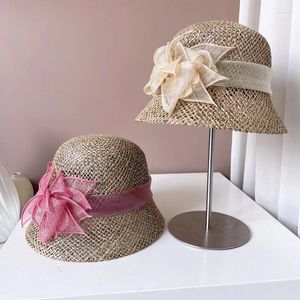 BERETS 202404-2506654 INSシックな夏の手作りの自然な塩辛い草の花レディバケツキャップ女性レジャーハット